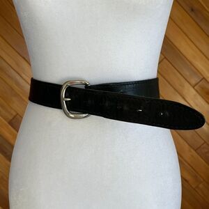 Vintage Black Leather Belt with Silver Buckle.